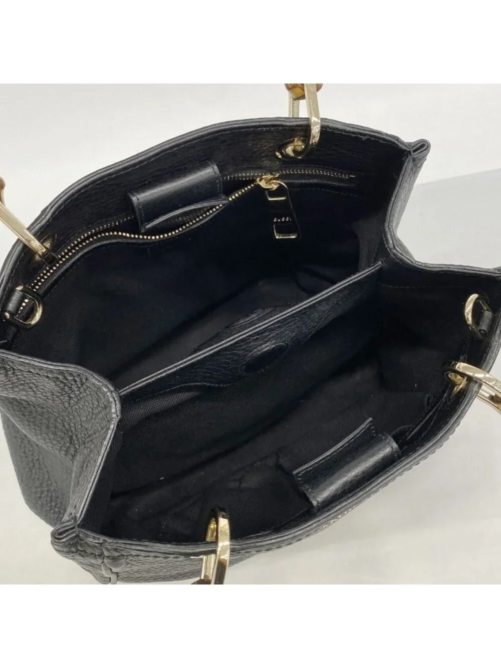 Gucci Handbag Bamboo Leather Black Champagne Gold